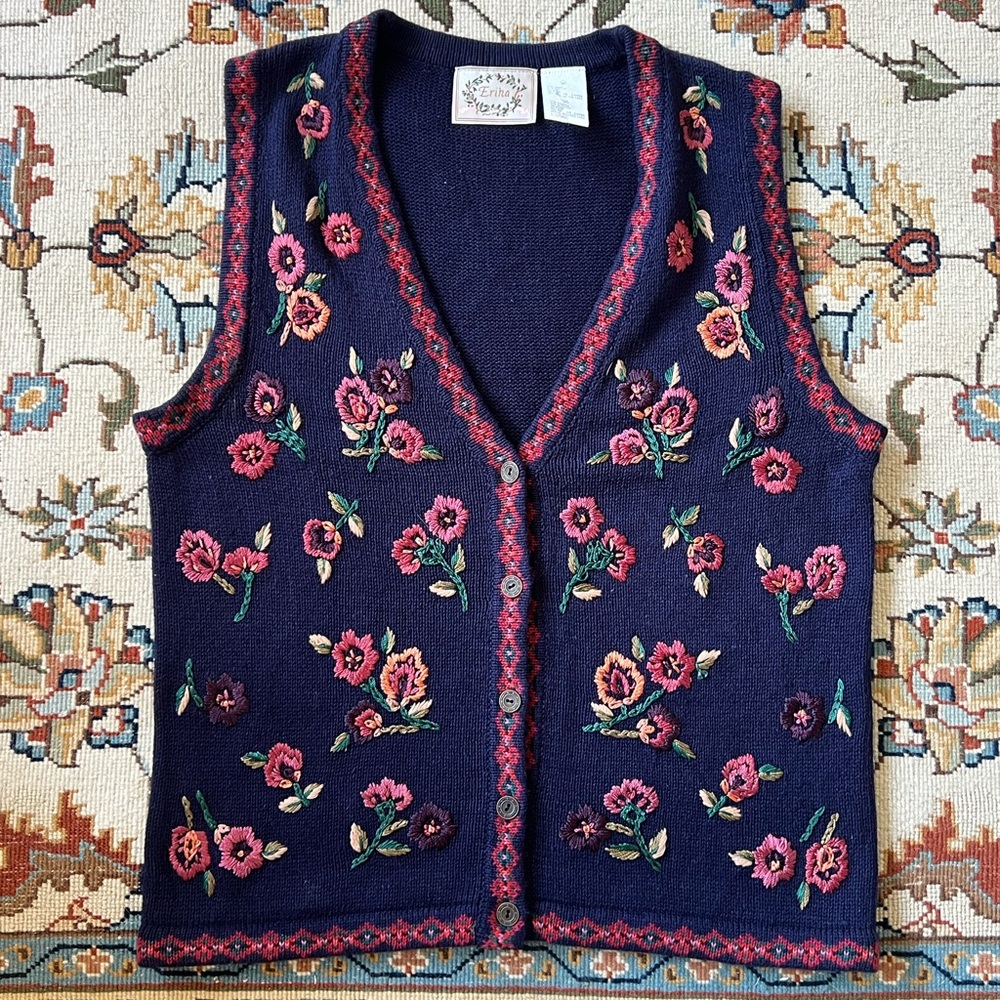 Vintage Floral Embroidered Navy Sweater Vest